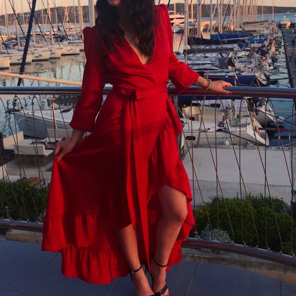 Wayf Wrap Satin Dress, Red, XS